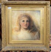 19th / early 20th century, half bust portrait of a young lady in white, oil on canvas, signed 'MISH'
