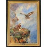 Attributed to Roland Green (1896-1972), Nest guarding eagles on a rocky cliff face, oil on canvas,