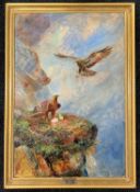 Attributed to Roland Green (1896-1972), Nest guarding eagles on a rocky cliff face, oil on canvas,