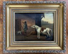 British School, 19th century, Naive study of a gentleman / gunman with horse and hounds in a stable,