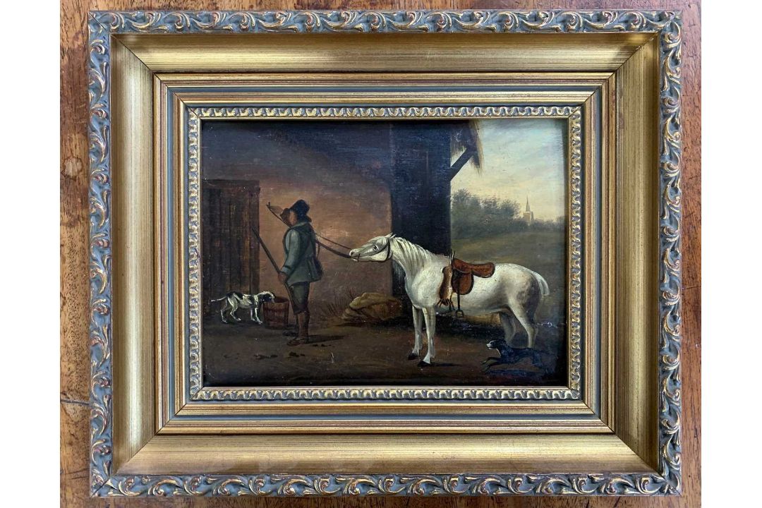 British School, 19th century, Naive study of a gentleman / gunman with horse and hounds in a stable,