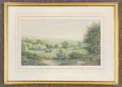 Gordon Lees (b.1933), 'Haymaking', watercolour, signed, 53x30cm, framed and glazed