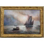 Joe Crowfoot (1946-2017), 'Fishing Boats off Lowestoft', oil on board, signed, 34.5x23cm, framed