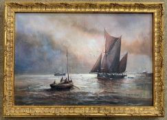 Joe Crowfoot (1946-2017), 'Fishing Boats off Lowestoft', oil on board, signed, 34.5x23cm, framed
