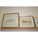 Two etchings, one of Christs hospital by Wallace Hester and one of Kings College School at Wimbledon
