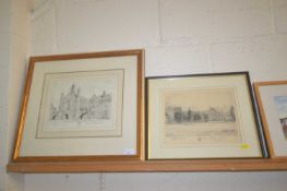 Two etchings, one of Christs hospital by Wallace Hester and one of Kings College School at Wimbledon