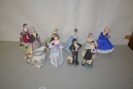 Qty of porcelain figurines including Coalport, 'The Apple Girl', Royal Doulton figure of the year