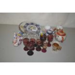 Collection of china wares, cups, saucers, small glasses, some ruby red with fine design