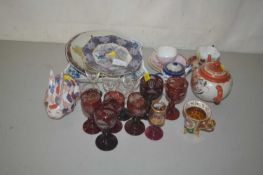 Collection of china wares, cups, saucers, small glasses, some ruby red with fine design
