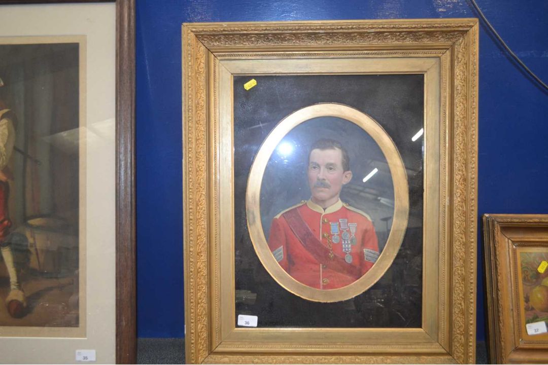 Oval framed water colour of a gentleman in a military uniform with medals