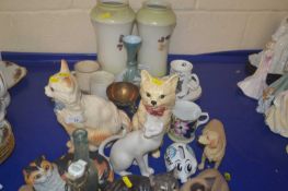 Qty of china wares, china cats, pair of vases and various glass bottles