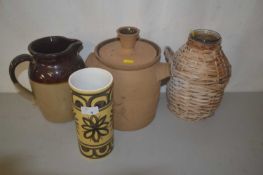 Large stoneware cooking pot and cover, further jar with basket weave cover, a pottery vase from