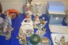 Qty of china wares, figurines, Wedgewood oval dish etc