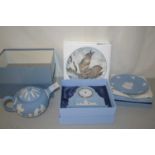 Qty Wedgewood Jasper wares in light blue including a teapot in original box, a mantle clock and a