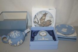 Qty Wedgewood Jasper wares in light blue including a teapot in original box, a mantle clock and a