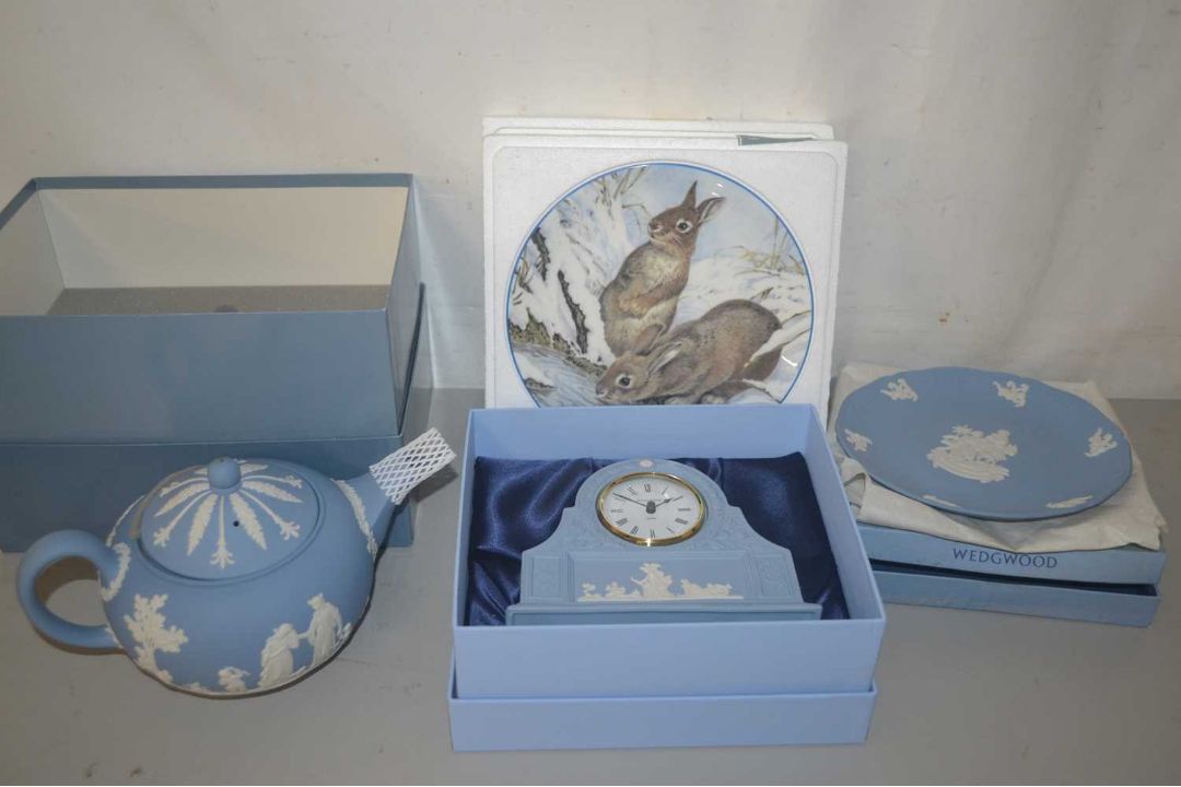 Qty Wedgewood Jasper wares in light blue including a teapot in original box, a mantle clock and a