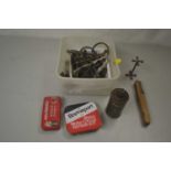 Box containing qty of vintage tins, motorcycle repair kit, halfords repair kit, militol polish for