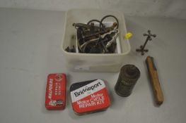 Box containing qty of vintage tins, motorcycle repair kit, halfords repair kit, militol polish for
