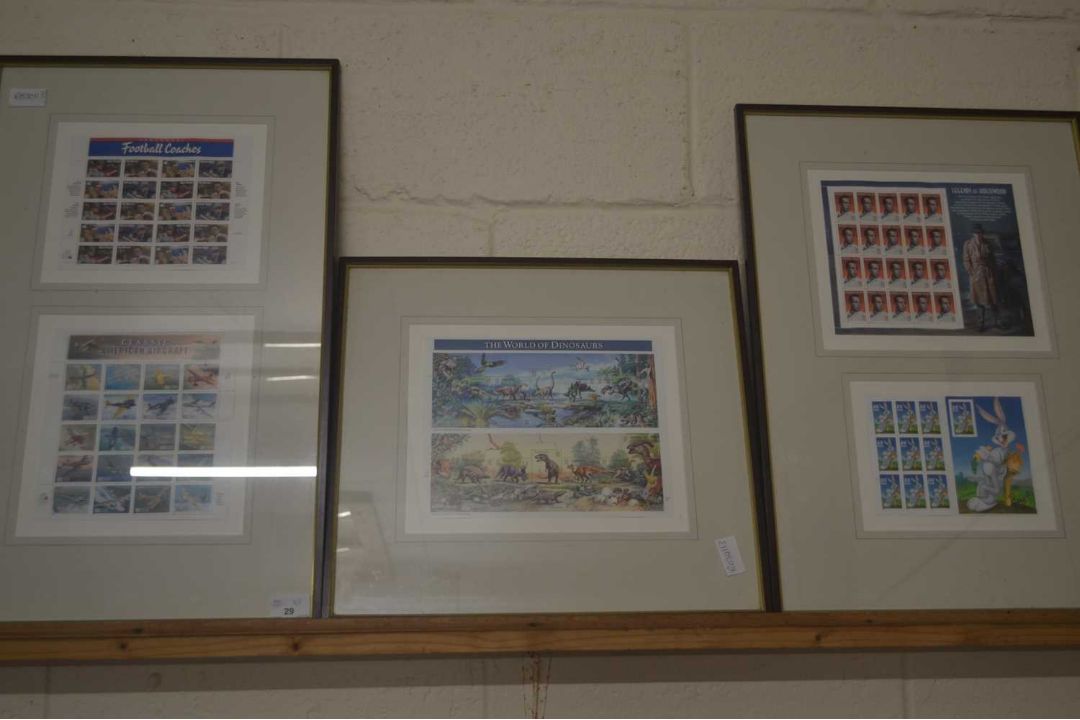 Number of framed prints, one of football coaches and classical American aircraft together with the