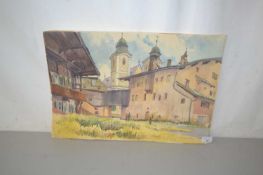 Water colour of buildings with people in the foreground signed DW Burley dated 66