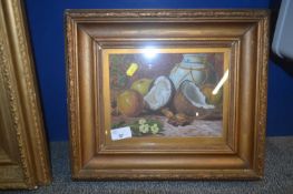 Framed still life of fruit and a vase indistinctly signed Reynolds
