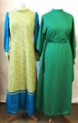 Two 1970's dresses: including an emerald green long batwing dress with sequin tie belt and a blue