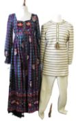 John Charles: a 1970's patterned dress with tie front, long sleeves with ruffle cuffs, size 14;