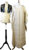A mid 20th century gold brocade dress and matching shawl/wrap, fully lined (no size, estimated