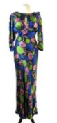 A 1930's floral satin dress, with rounded neckline with central slit and shaped bodice, deep V-