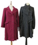 A plum wool coat by Alexon Youngset by Alannah Tandy; and a black and white pinstripe tie neck dress