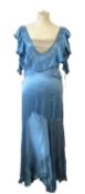 A 1930's blue satin dress, with rounded neckline with beaded edging and sequin insert, ruffle