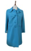 A 1960's turquoise shift dress and matching coat, (no size, estimated approx. size 14), 91cm long