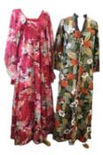 Two maxi dresses: including a 1970's polyester overaly dress with butterfly style sleeves and ruffle