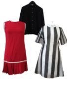 A 1960's red shift dress with pleated hemline; a black and white striped chiffon overlay fitted