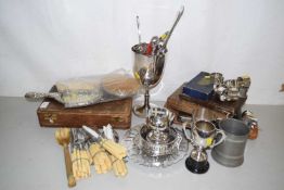 Mixed Lot: Silver plated trophy, various cutlery with ivorine handles, dressing table items etc