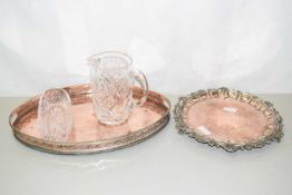 Mixed Lot: Two formerly silver plated serving trays together with a cut glass jug and bowl