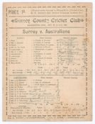 Australia tour to England 1890. ‘Surrey v. Australians’. Early original double-sided scorecard for
