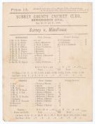 ‘Surrey v. Middlesex’ 1888. Early original double-sided scorecard for the match played at Kennington