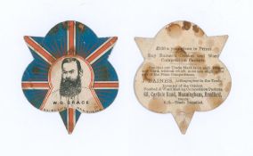 W.G. Grace. An unusual and very early original trade card depicting Grace on a shield shaped Union