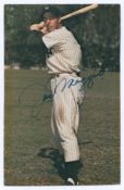 Baseball. Joe Dimaggio. Colour postcard size trade card of Dimaggio in baseball batting stance,