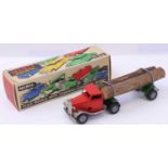 Triang Minic, tinplate and clockwork Mechanical Horse and Log Trailer, red cab and green back,
