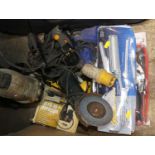 A quantity of mixed tools, to include various angle grinders, grease gun, air compressor etc
