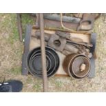 Assorted hand tools, to include two large wood saws, malt shovels, rake etc