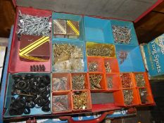 Two metal cases containing various ironmongery, screws, fixtures and fittings