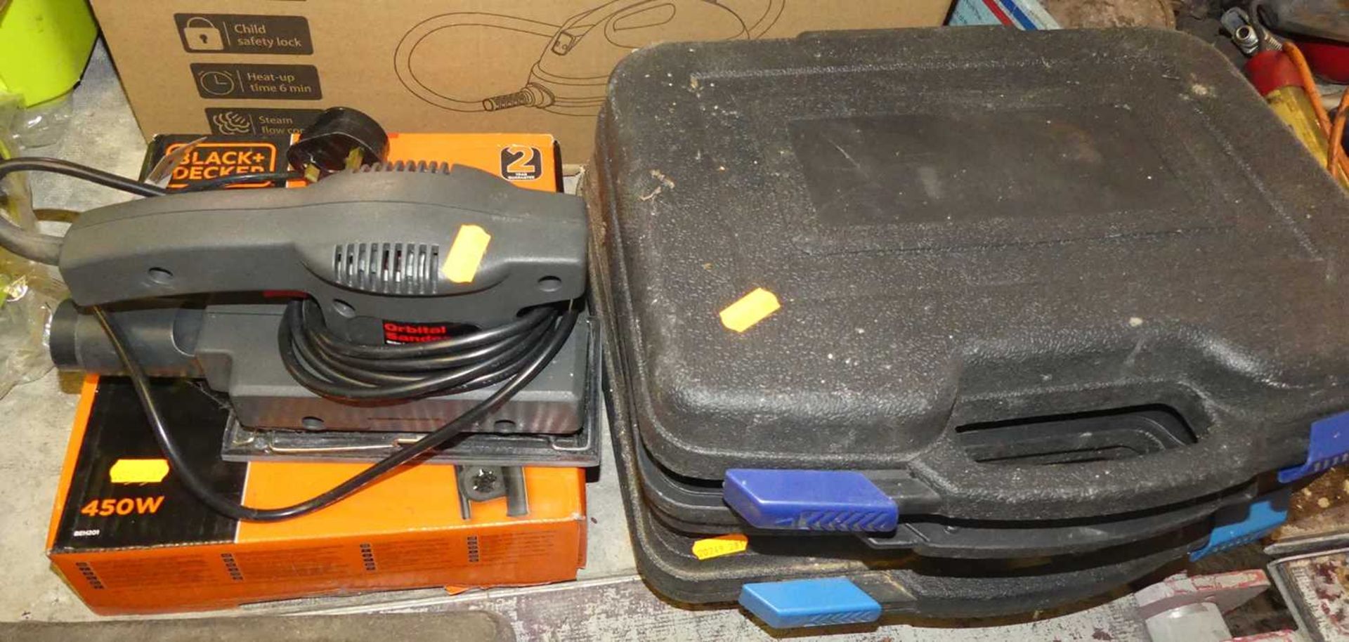 Four various power tools, to include an orbital sander, Black & Decker 450W drill; a NuPower multi-