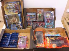 Four trays containing Dr Who, DC, Marvel, and other related novelty and figure sets to include: