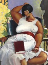 Peter Froste (British, 1935-2021) - Lady reading, oil on canvas, unframed, 82 x 60cm