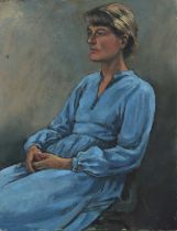Peter Froste (British, 1935-2021) - Three portraits; Lady in a blue dress, oil on board, unframed,