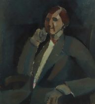 Peter Froste (British, 1935-2021) - Portrait of a lady seated, oil on board, unframed, 63 x 57.5cm