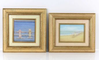 British School (contemporary) - Beach huts, acrylic on board, indistinctly signed lower right, 11.